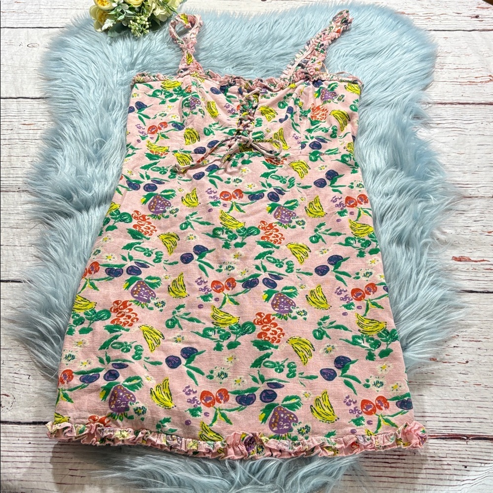 Urban Outfitters Robin Lace Up Mini Dress in Pink Fruit Print Sz M